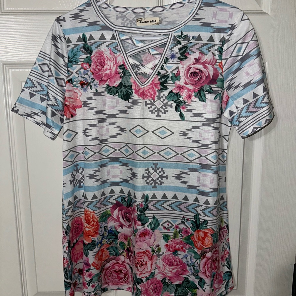 Floral and Geometric Print Women's Short Sleeve Top